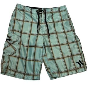 HURLEY Men’s 32 Board Shorts Green Plaid